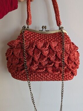 Patricia Nash Framed Coral Woven Scallop Raffia Crossbody Purse Laureana